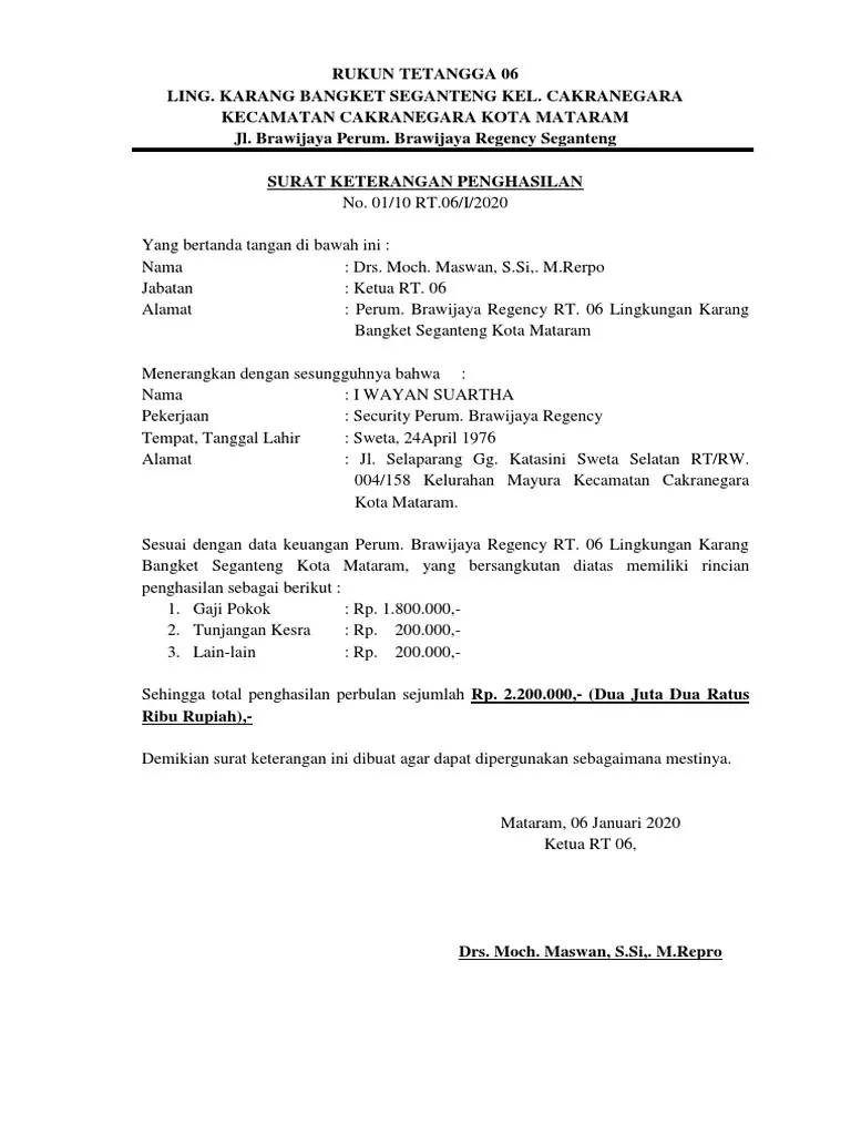 Contoh Surat Keterangan Penghasilan dari RT
