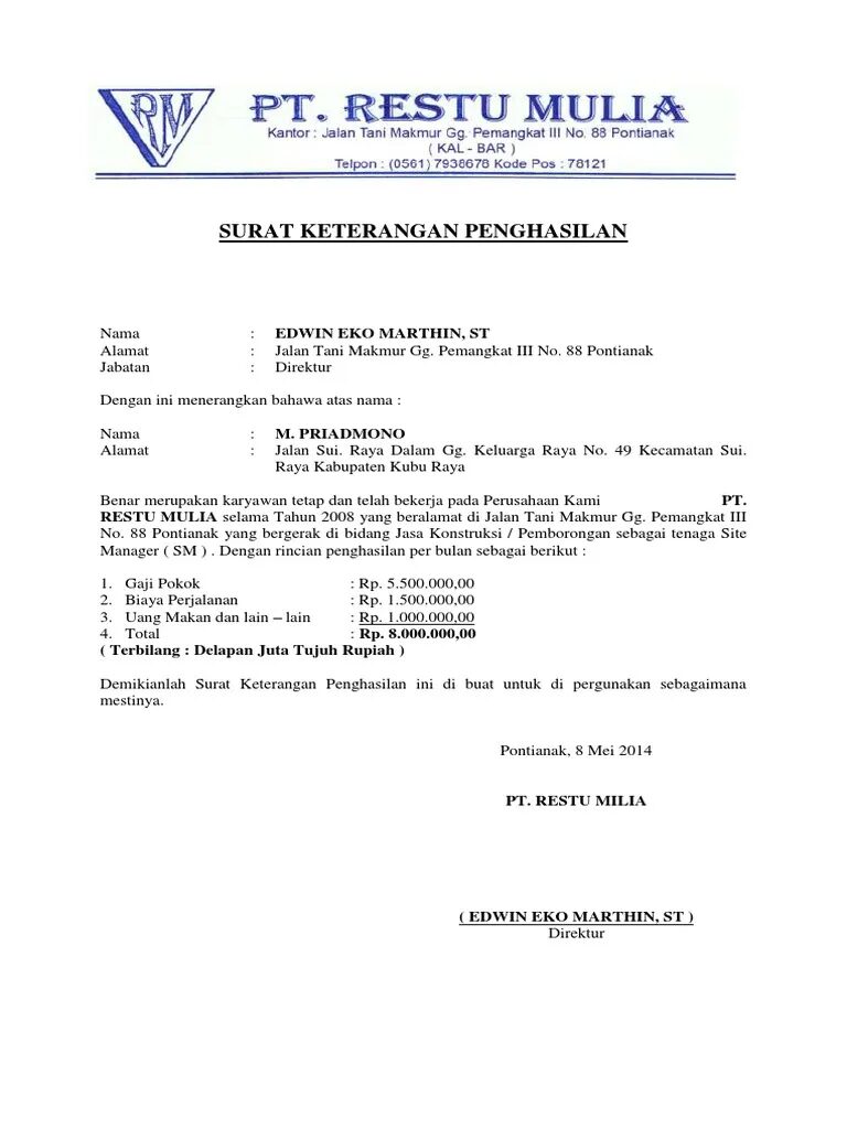 Contoh Surat Keterangan Penghasilan dari Perusahaan