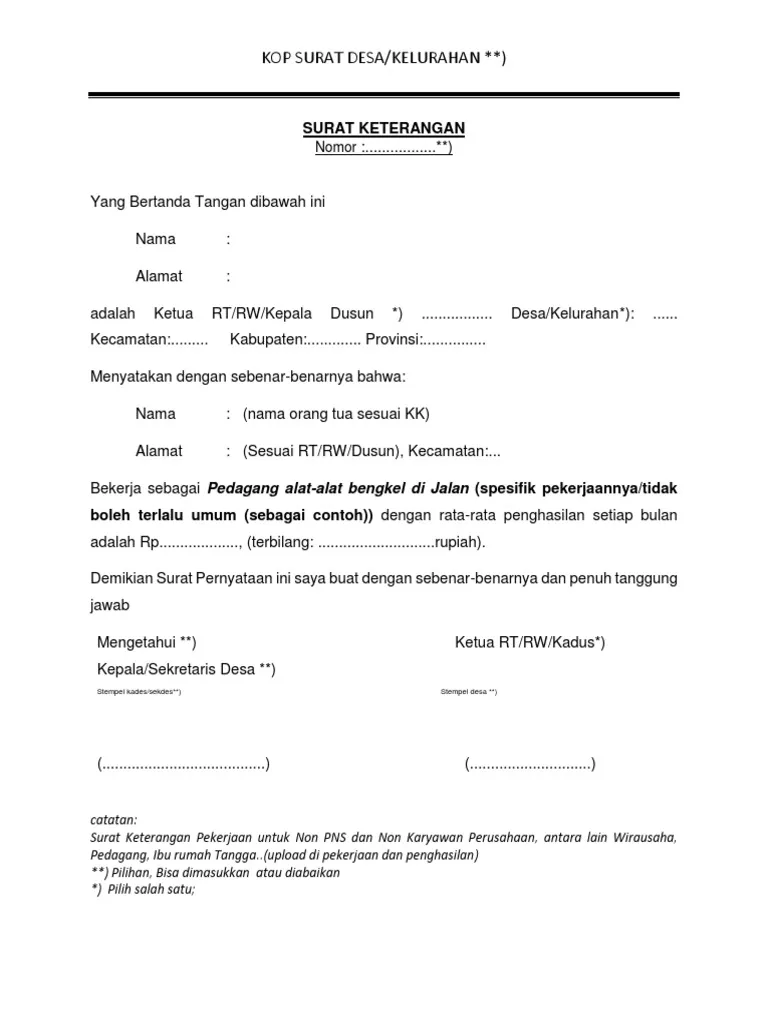 Contoh Surat Keterangan Penghasilan Pedagang