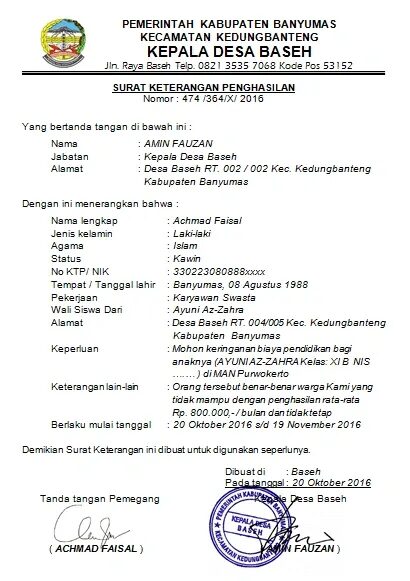 Contoh Surat Keterangan Penghasilan dari Desa