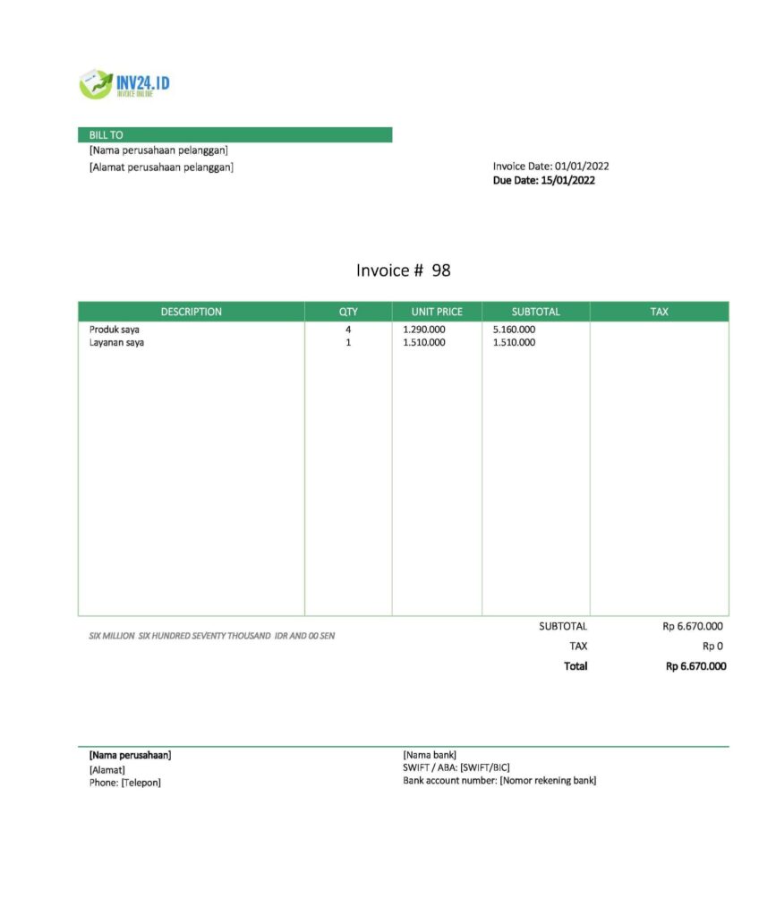 Contoh Invoice Bahasa Inggris Sederhana