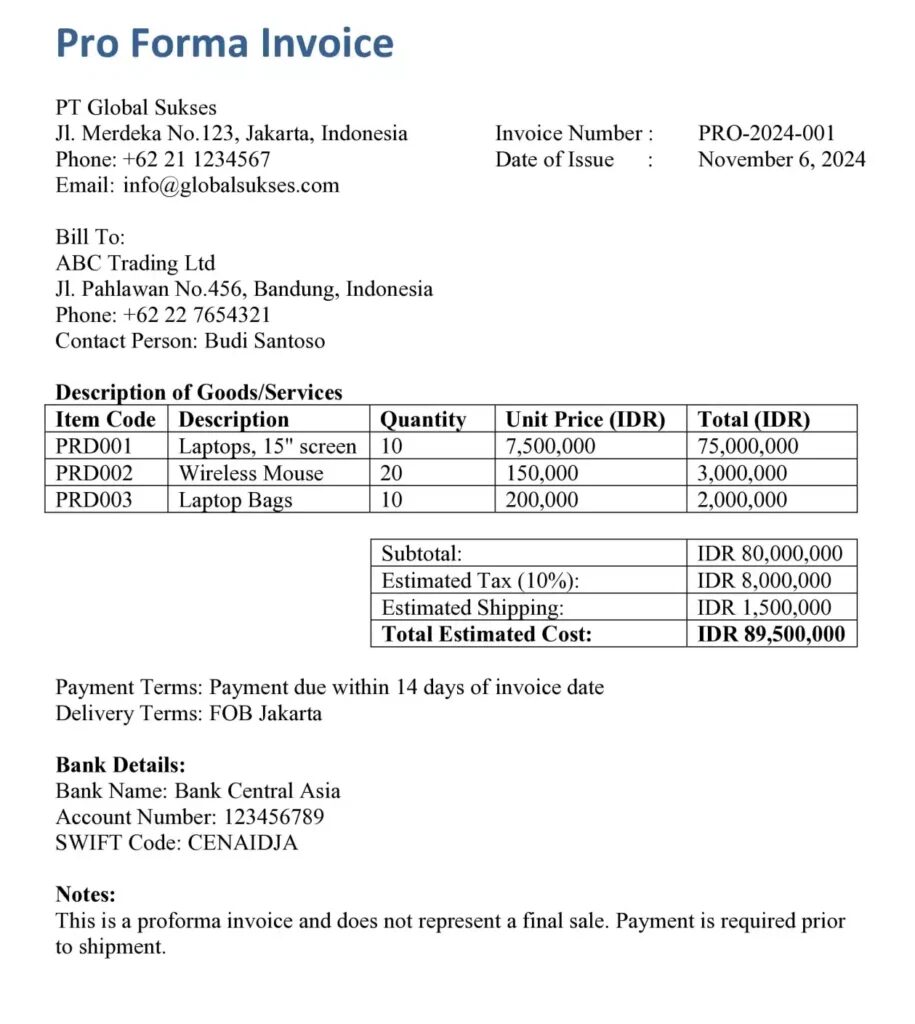 Contoh Invoice Penjualan Barang dalam Bahasa Inggris