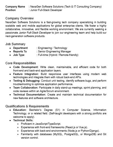 Contoh Job Description Bahasa Inggris