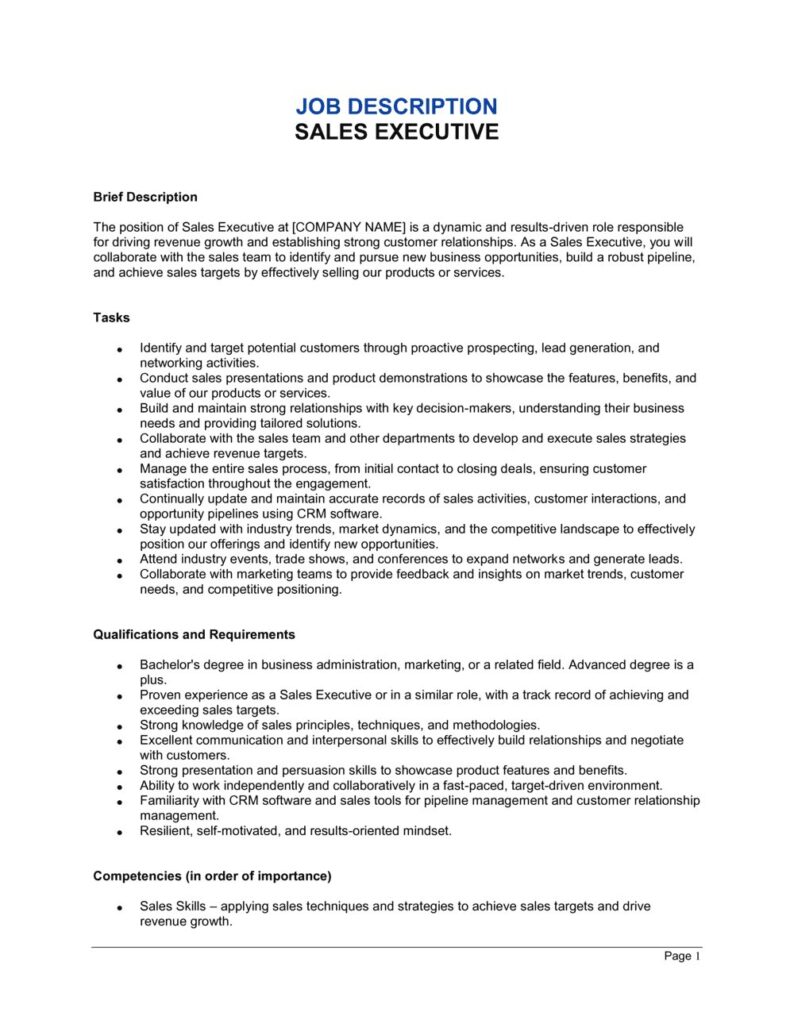 Contoh Job Description Sales Executive