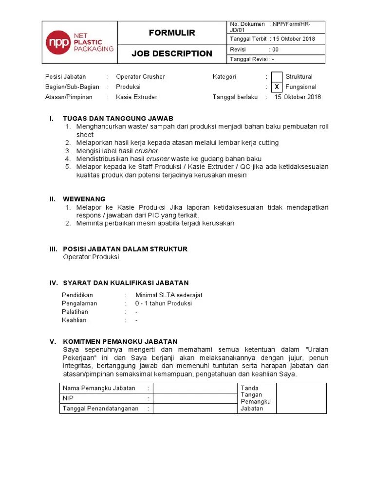 Contoh Job Description Operator Produksi