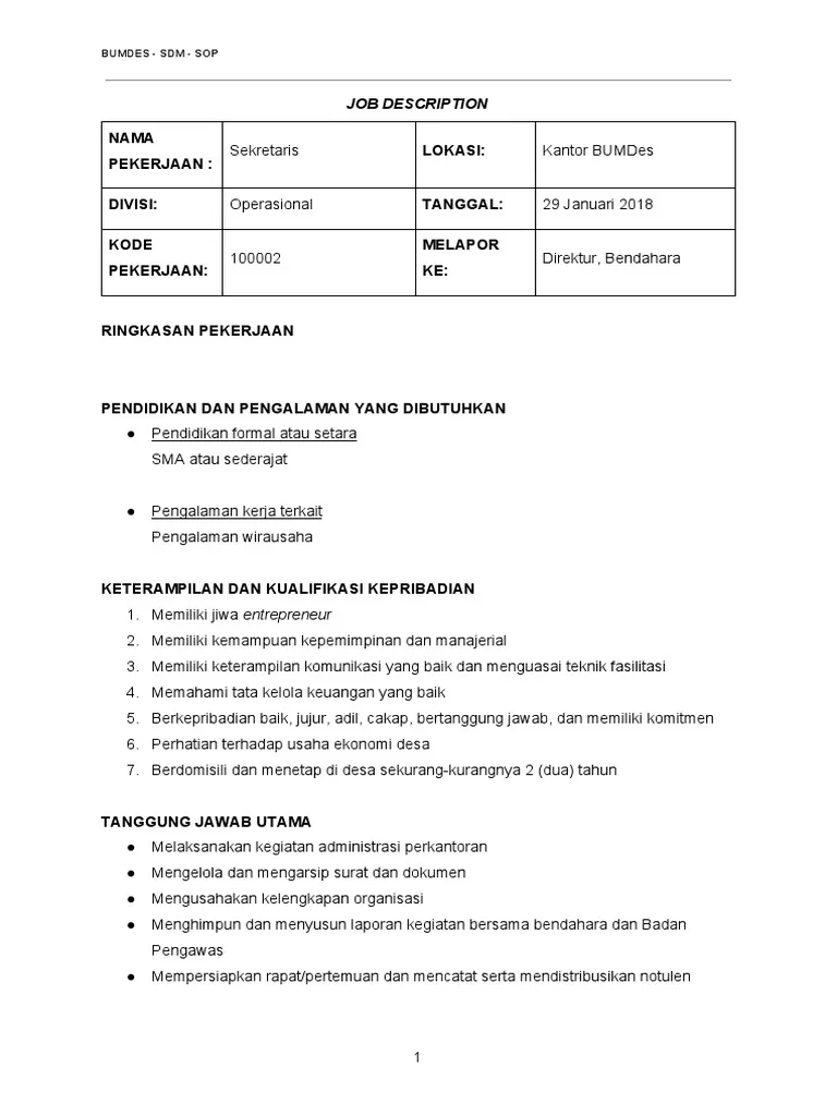 Contoh Job Description Sekretaris