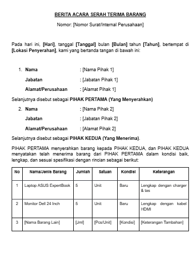 Contoh Surat Serah Terima Barang Word