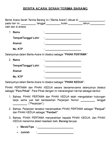 Contoh Surat Serah Terima Barang PDF