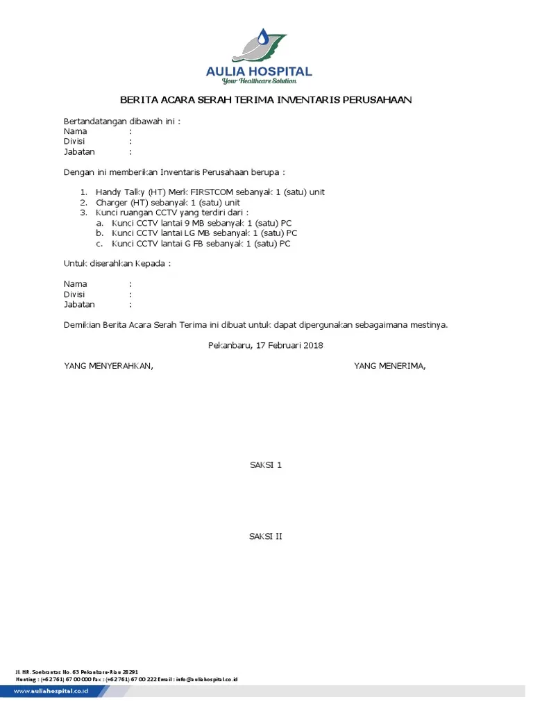 Contoh Surat Serah Terima Barang Inventaris Kantor