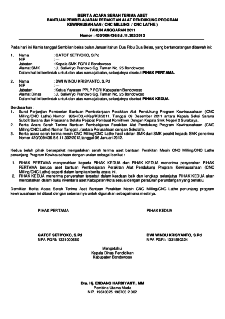 Contoh Surat Serah Terima Barang Inventaris Sekolah