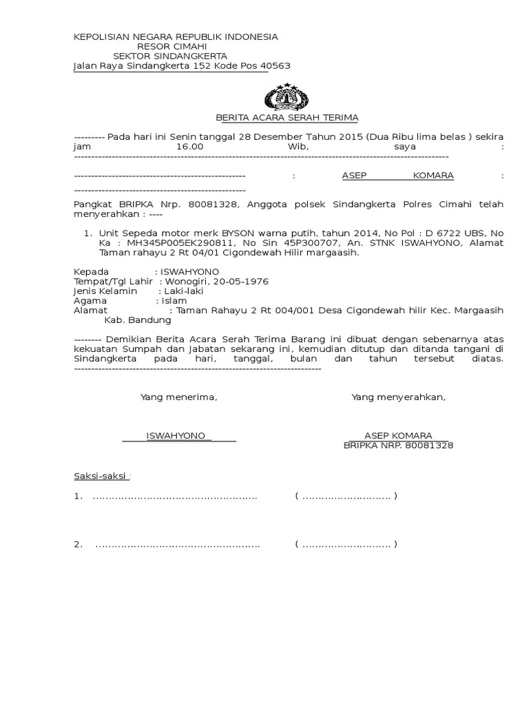 Contoh Surat Serah Terima Barang Bukti