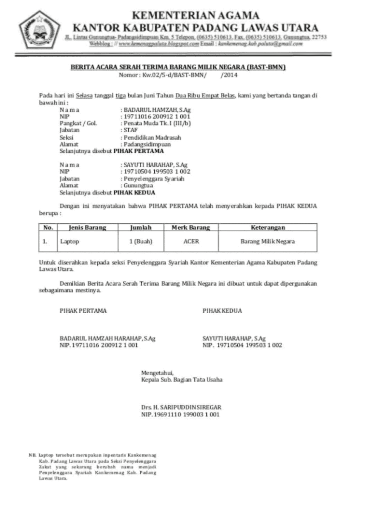 Contoh Surat Serah Terima Barang Inventaris