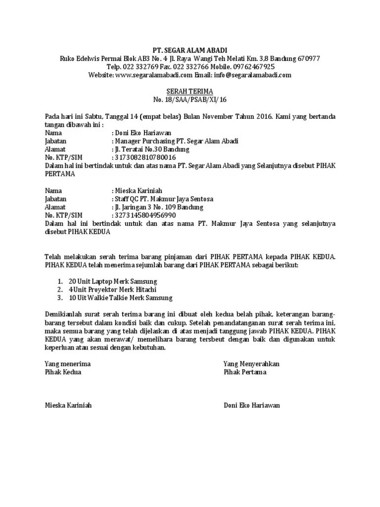Contoh Surat Serah Terima Barang Pinjaman
