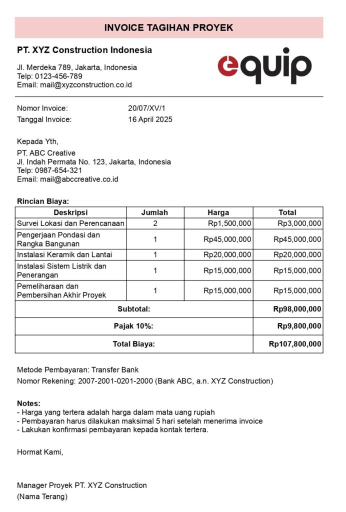 Contoh Invoice Tagihan Proyek Konstruksi