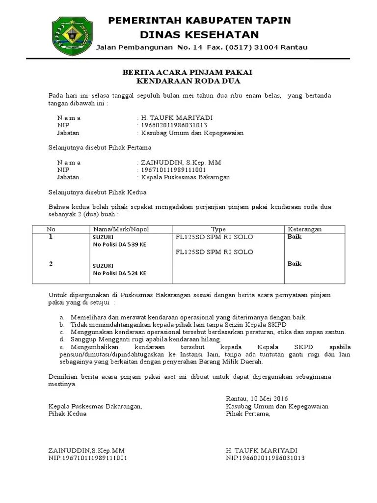 Contoh Surat Serah Terima Barang Pinjam Pakai
