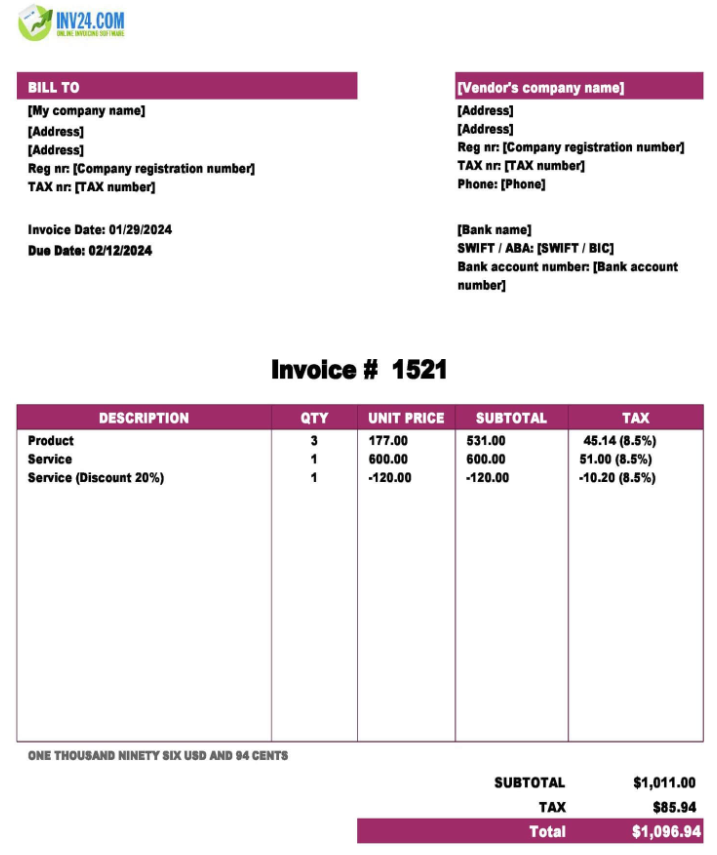 Contoh Invoice Tagihan Proyek Excel