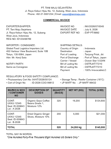 Contoh Invoice Ekspor Produk Pertanian / Makanan
