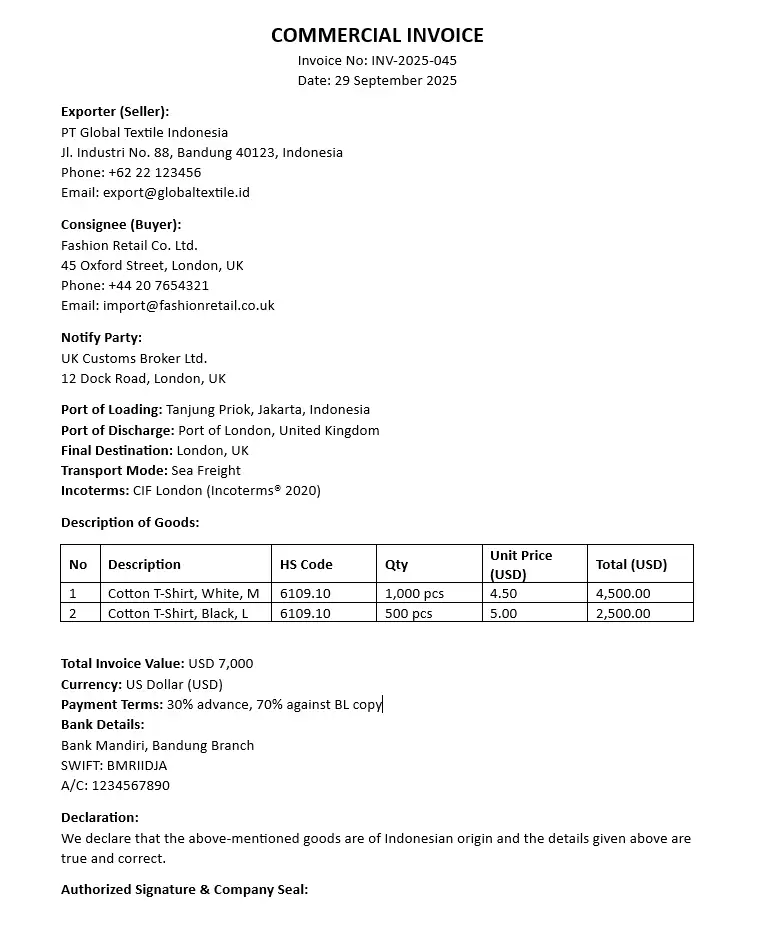 Contoh Invoice Ekspor PDF