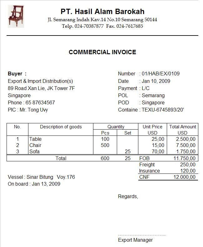 Contoh Invoice Ekspor Barang Umum
