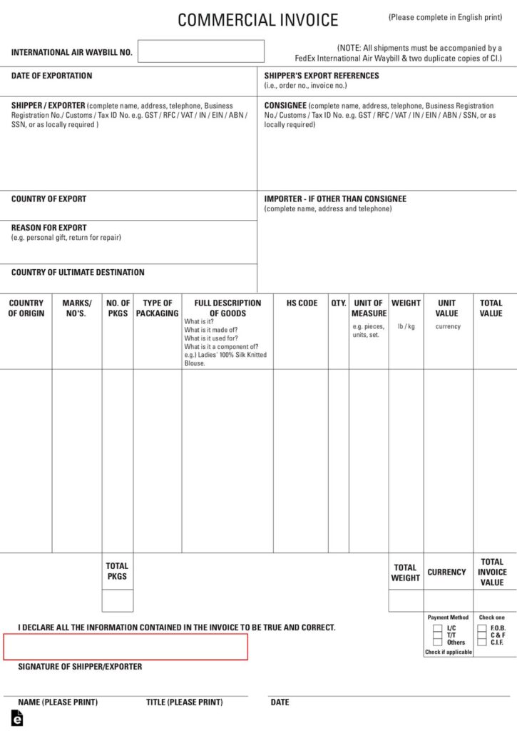Template Invoice Ekspor Kosong