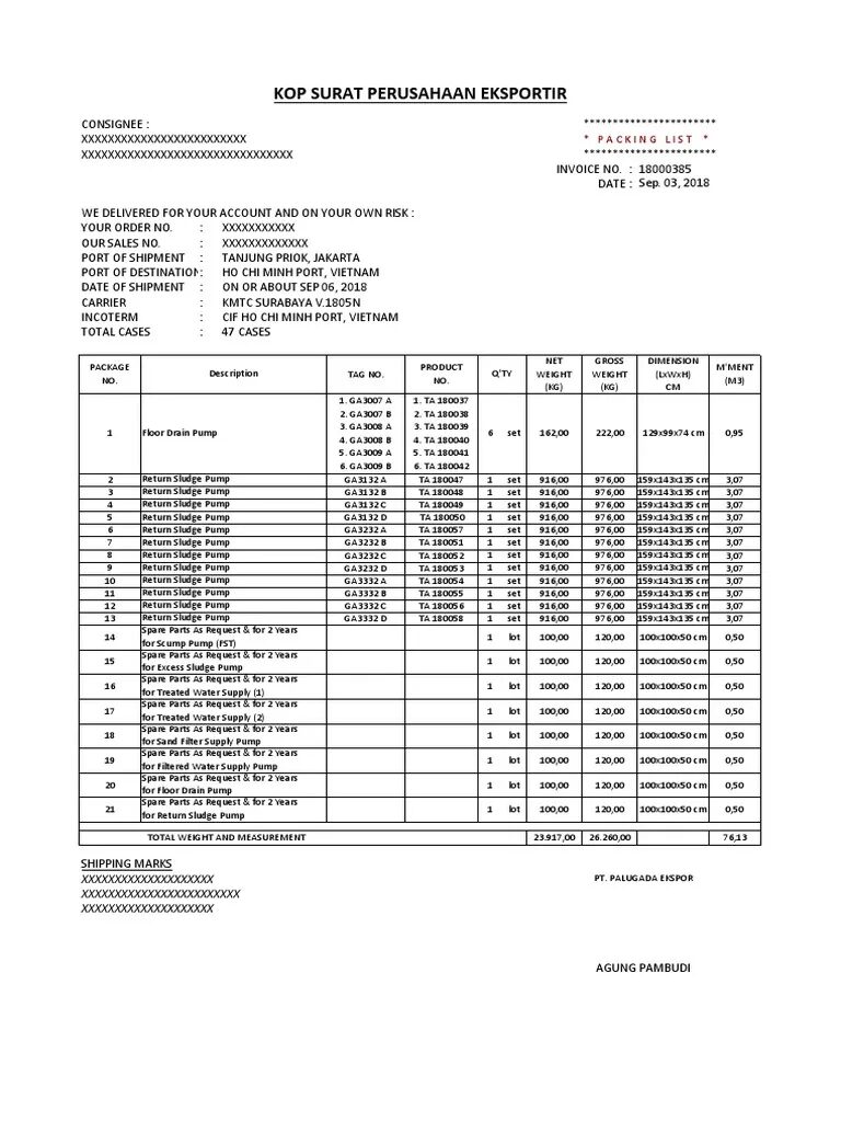 Contoh Invoice Packing List Ekspor