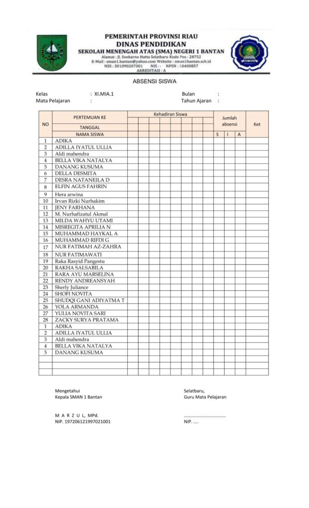 Contoh Absensi Kehadiran Siswa