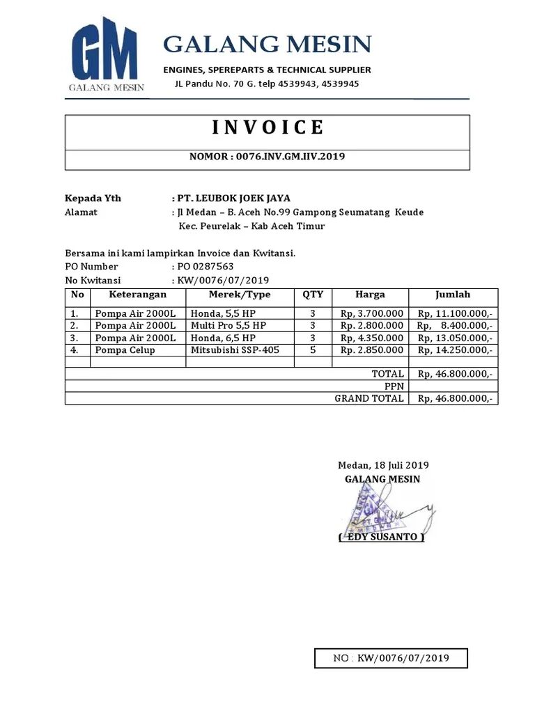 Contoh Invoice Pembelian Mesin