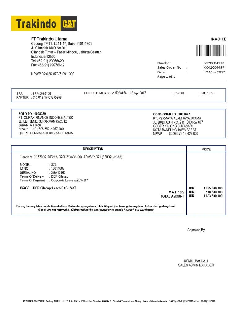 Contoh Invoice Pembelian Alat Berat
