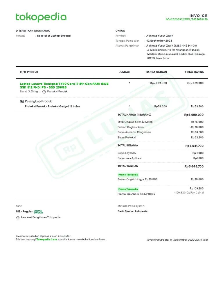 Contoh Invoice Pembelian Laptop
