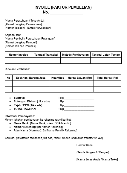 Contoh Invoice Pembelian Barang Word
