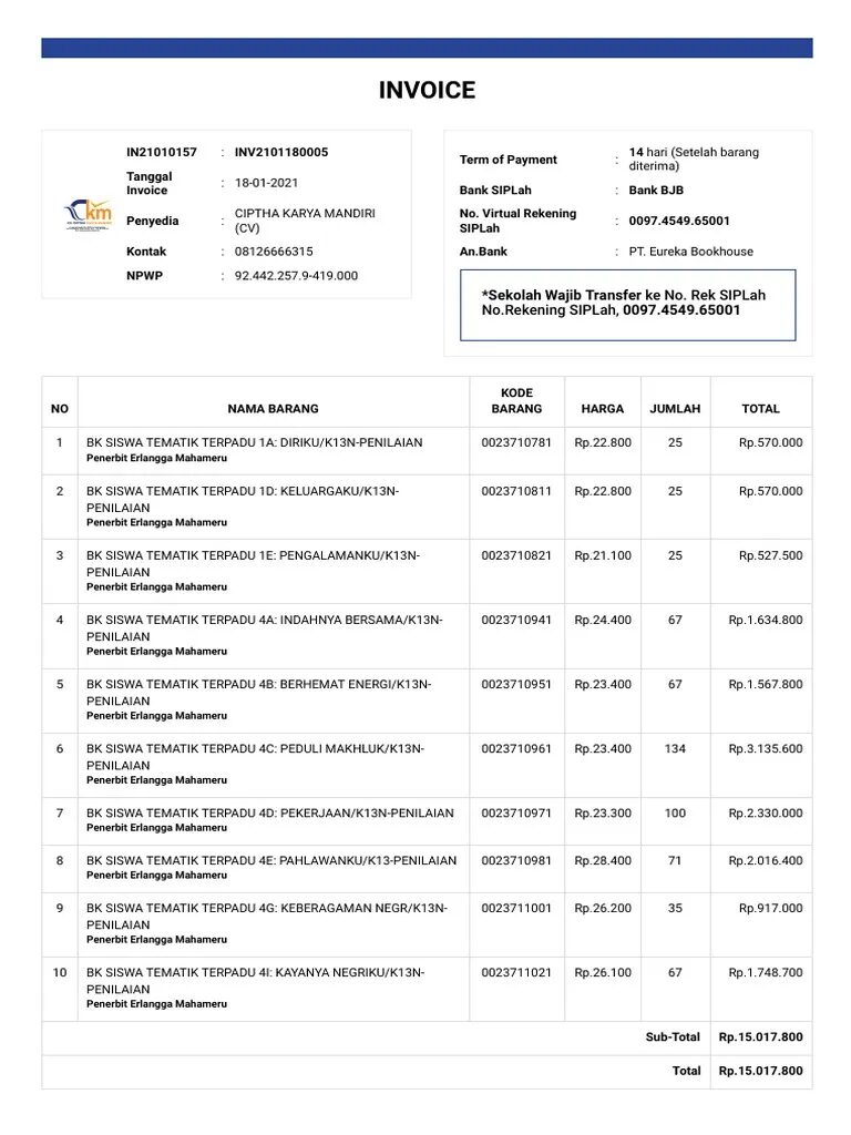 Contoh Invoice Pembelian Buku
