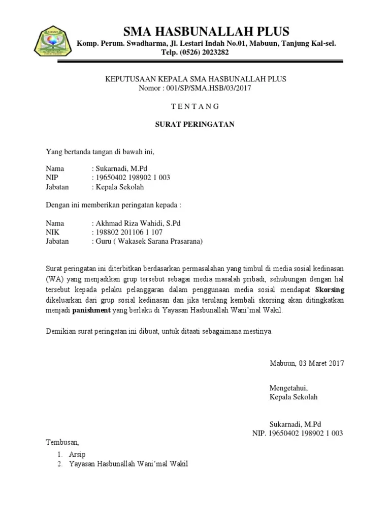Contoh Surat Peringatan 2 untuk Guru
