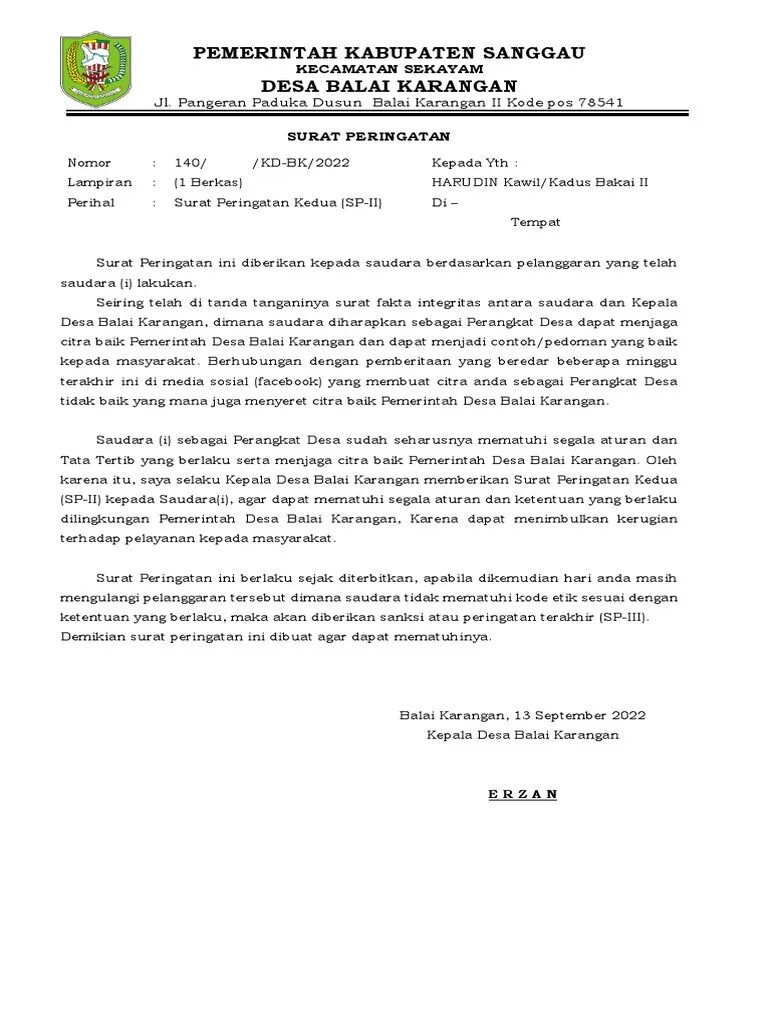 Contoh Surat Peringatan 2 untuk Perangkat Desa