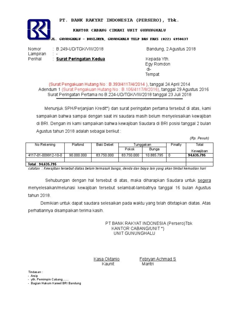 Contoh Surat Peringatan 2 dari Bank