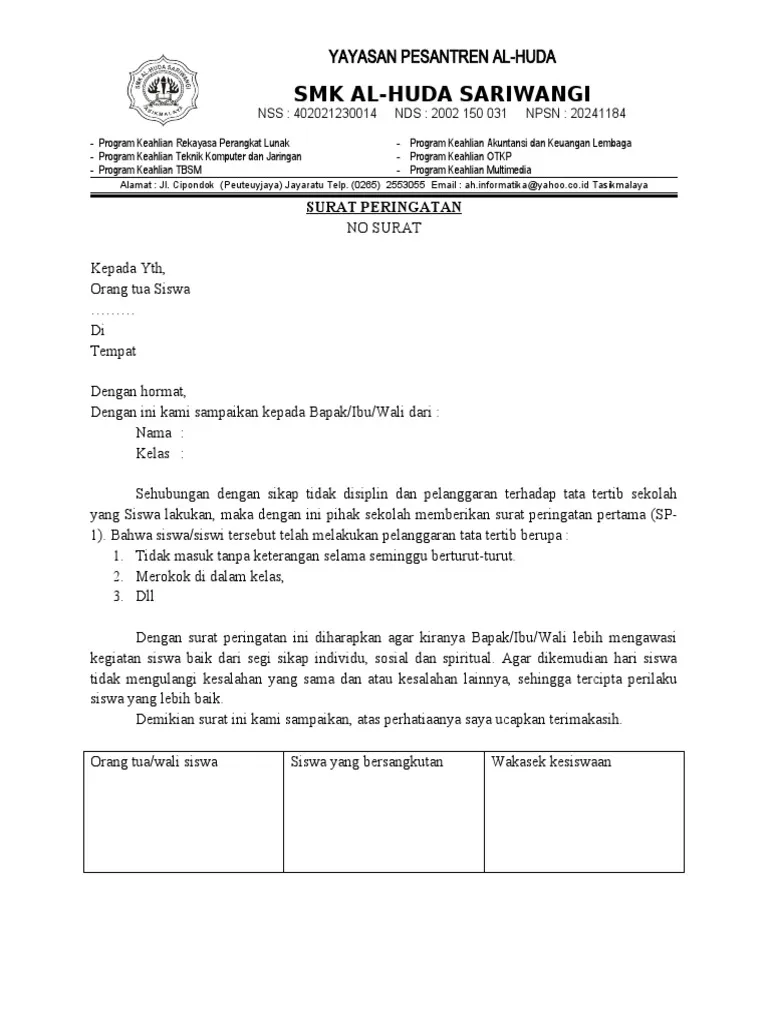 Contoh Surat Peringatan 2 untuk Siswa