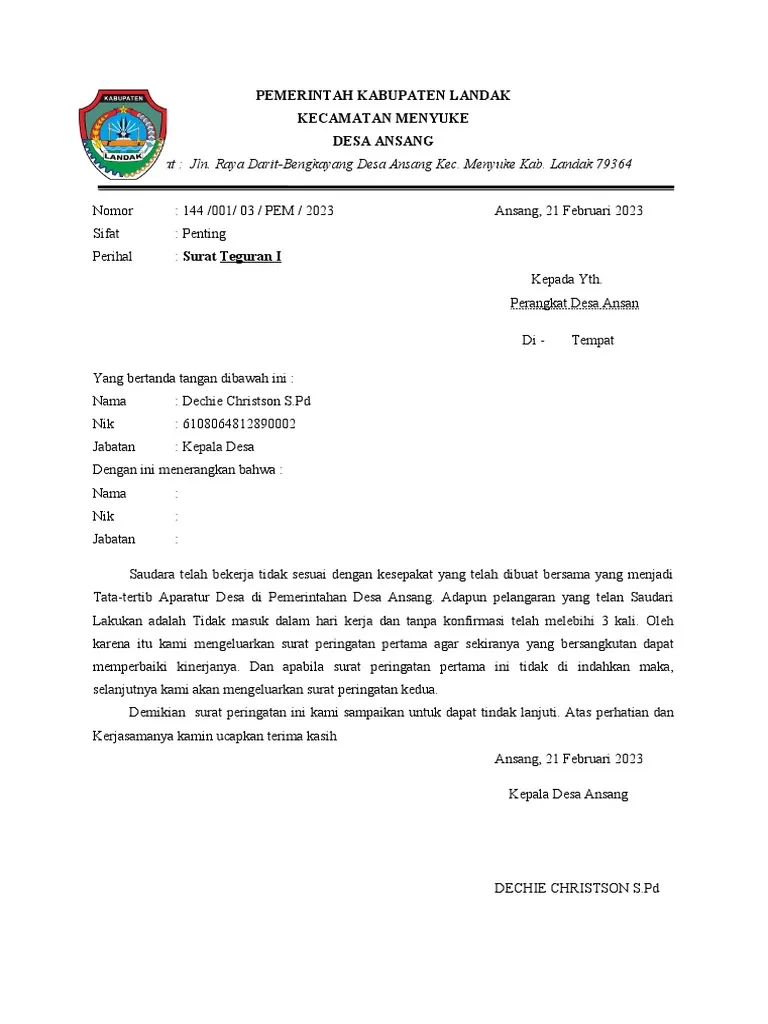 Contoh Surat Peringatan 1 Perangkat Desa