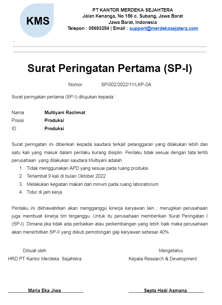 Contoh Surat Peringatan 1 untuk Karyawan