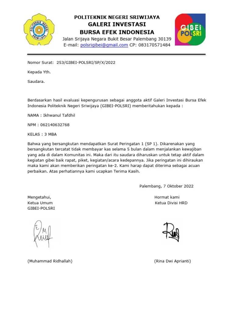 Contoh Surat Peringatan 1 Organisasi