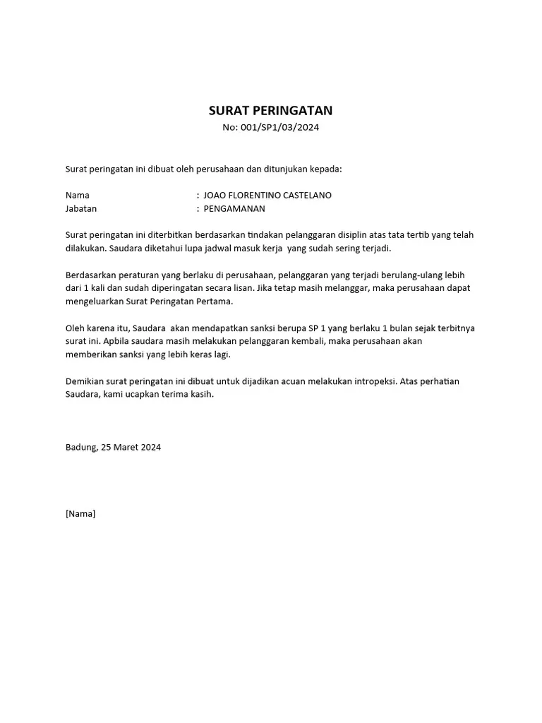 Contoh Surat Peringatan 1 Tidak Disiplin