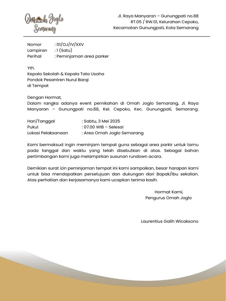 Contoh Surat Pinjam Tempat Parkir