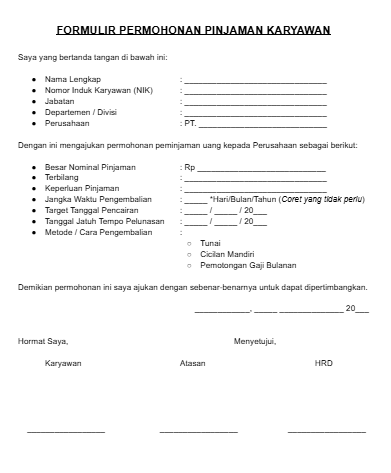 Contoh Form Pengajuan Pinjaman Karyawan Word