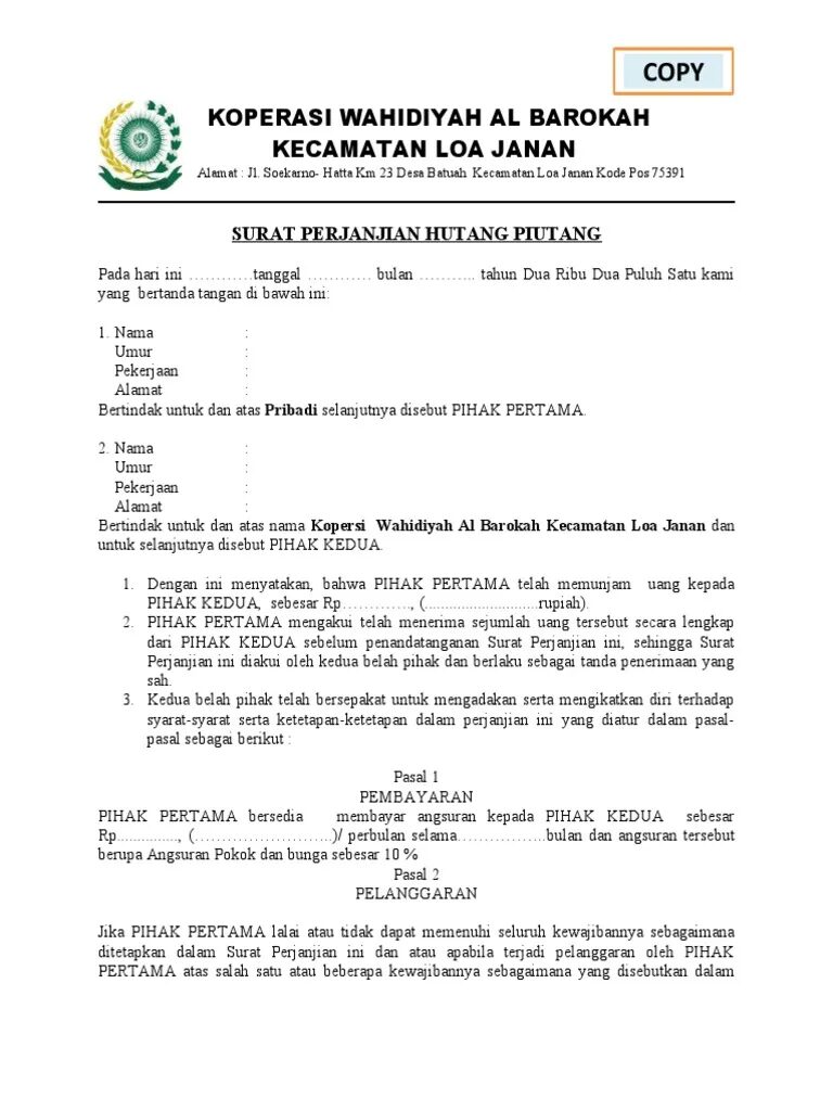 Contoh Surat Pinjaman Uang Koperasi